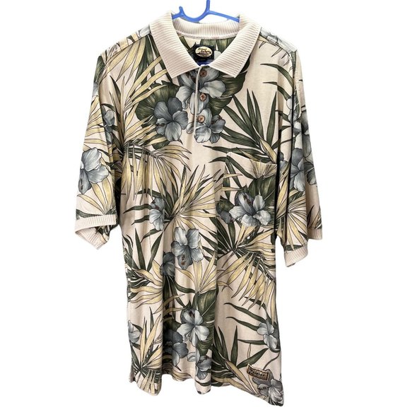 Tommy Bahama Hawaiian Polo Shirt size L Men Short Sleeve Floral Palm Beige - Picture 1 of 6